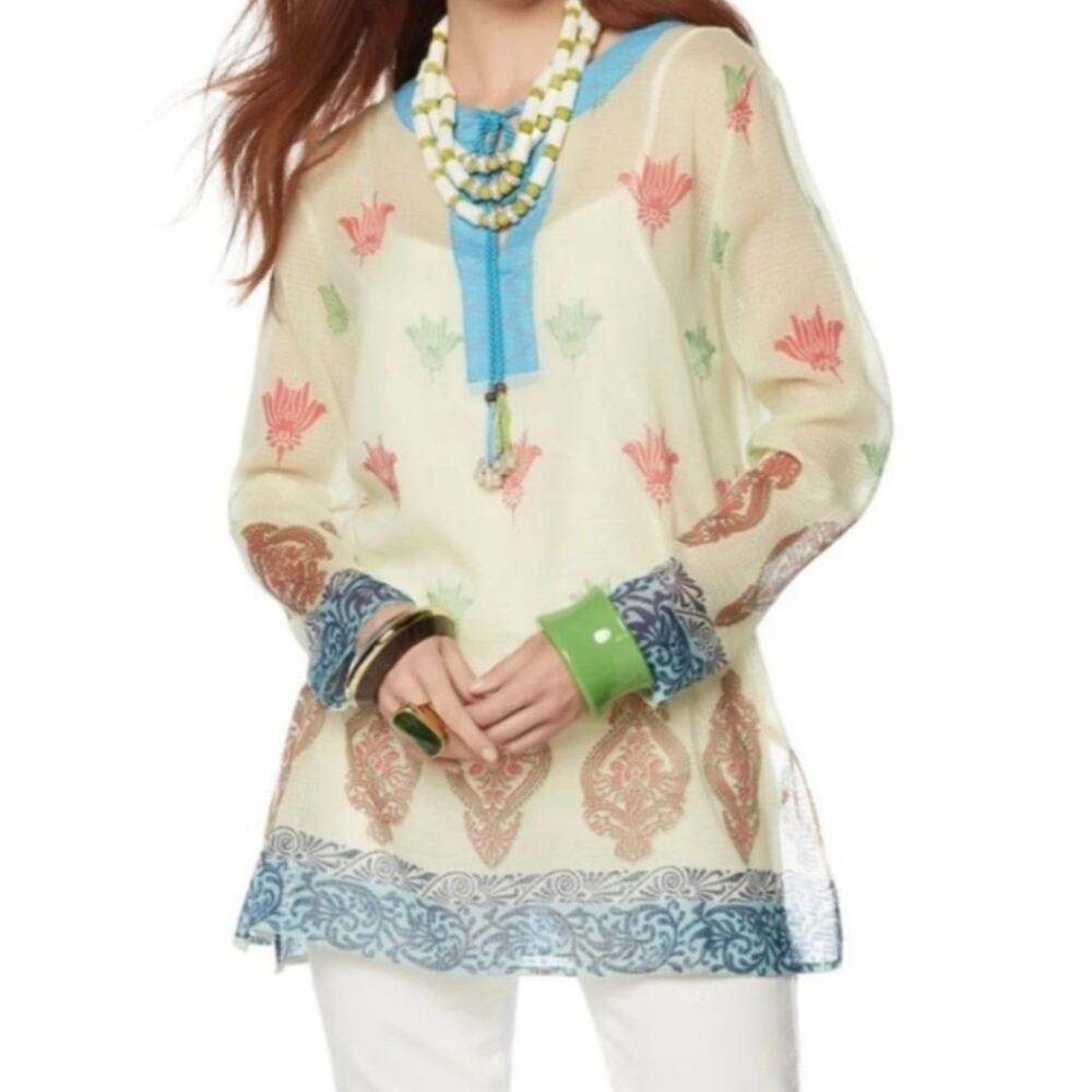 Rara Avis by Iris Apfel Printed Kurta Tunic Top Blouse Semi Sheer Tassels Sz 16 - Picture 2 of 14